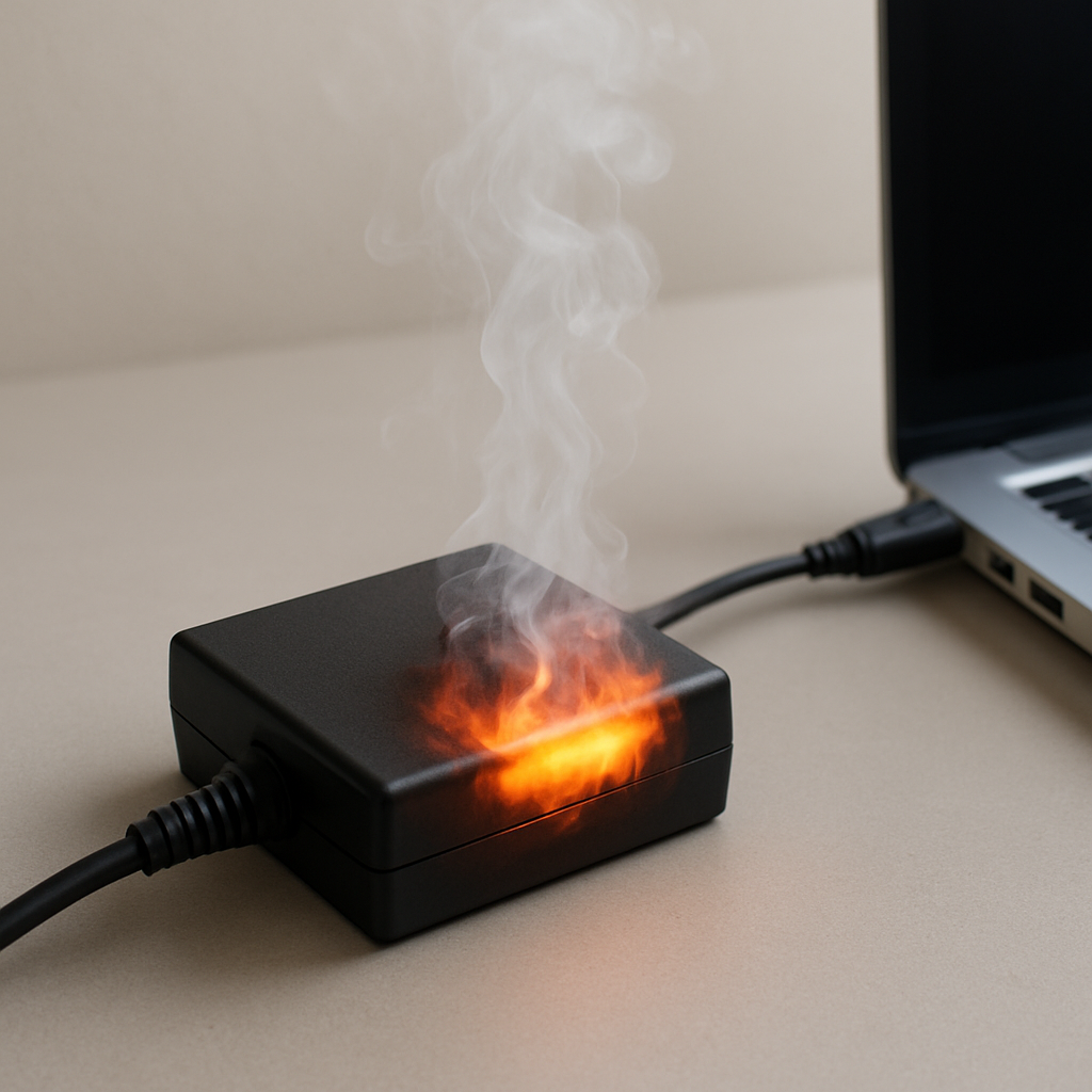 laptop power adapter overheating during battery charging with heat glow and electrical stress visualization