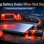 Laptop losing battery power when shut down with charging system diagnostic and warning symbol