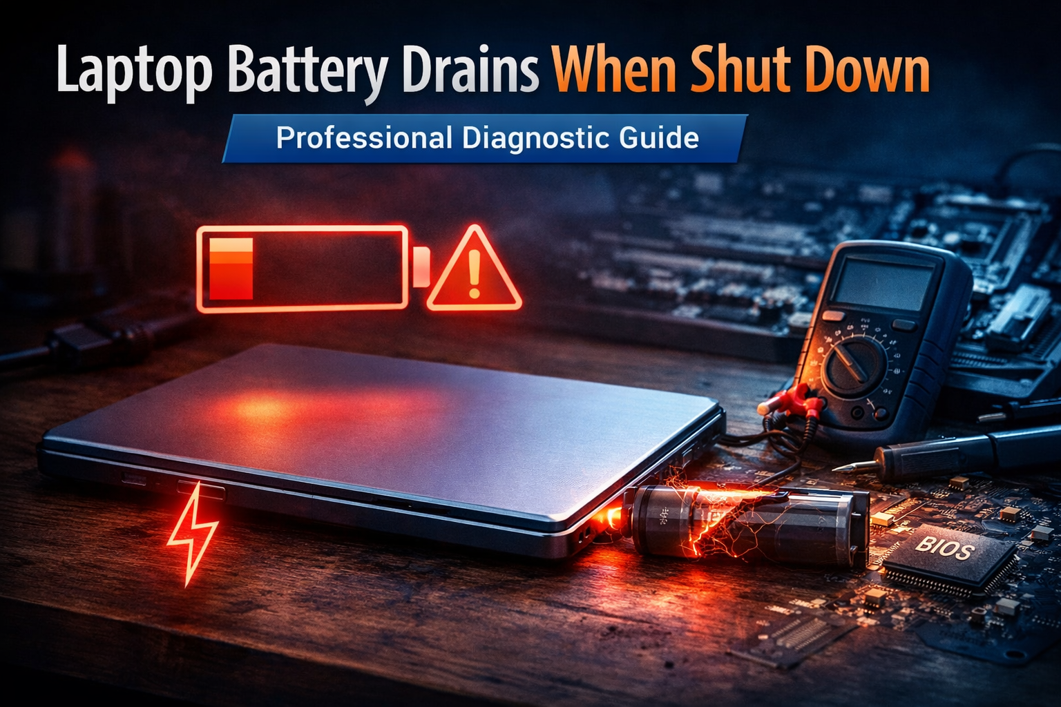 Laptop losing battery power when shut down with charging system diagnostic and warning symbol