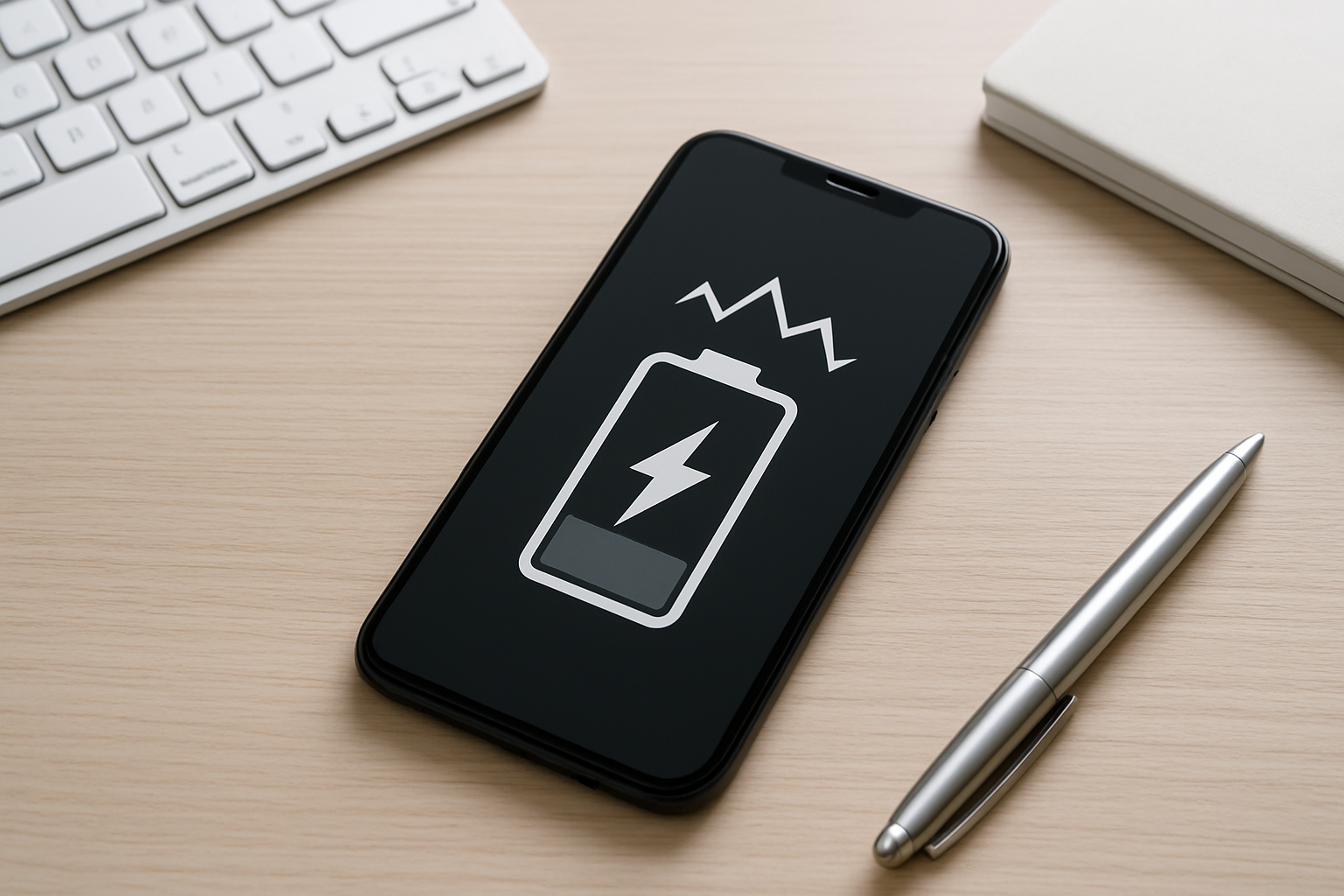 Smartphone on tidy desk with fluctuating battery percentage indicator.