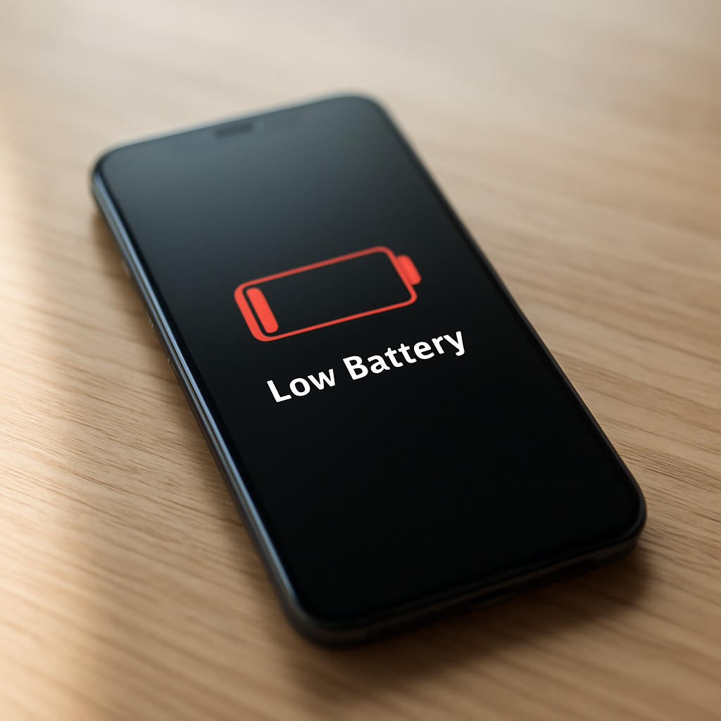 Smartphone on desk showing low battery glow and charger nearby