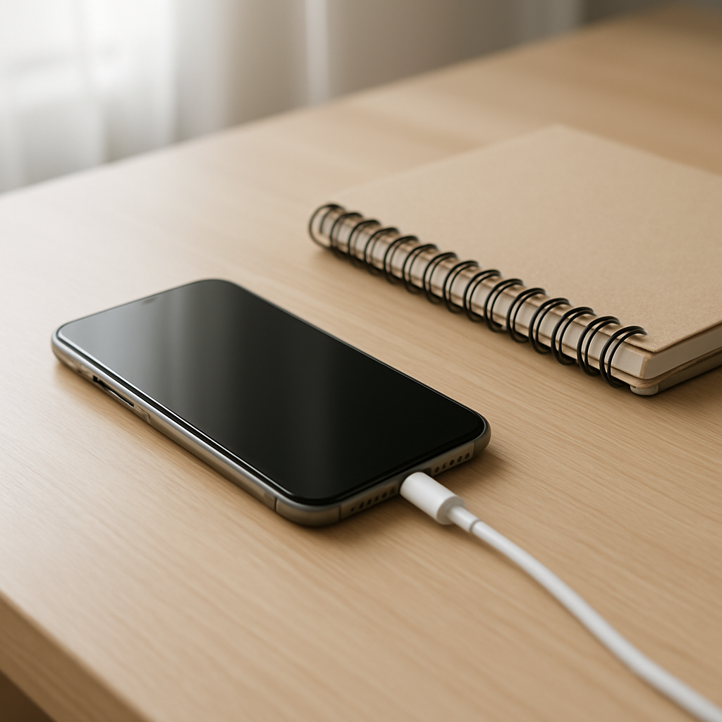 Smartphone on tidy desk beside charger, low battery implied