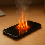 Device Overheating Battery Issue Overheated smartphone on tidy desk emitting heat and faint smoke