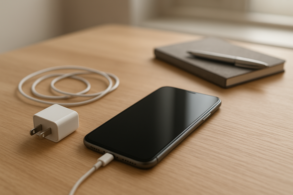 modern smartphone on desk next to charger and notebook