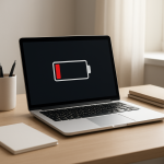 Laptop Battery Drains Faster Than Normal Open laptop on desk showing low battery icon and charger