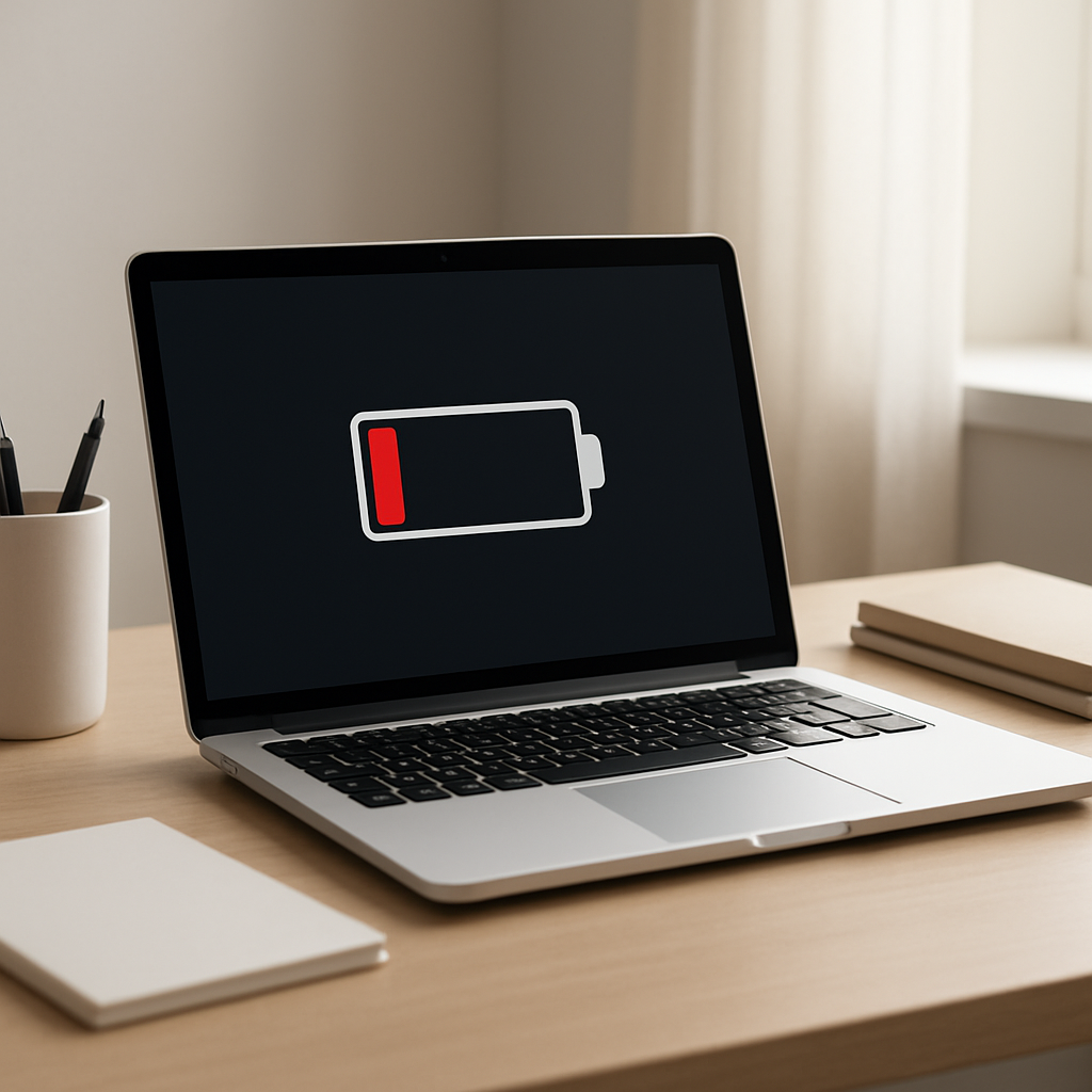 Open laptop on desk showing low battery icon and charger