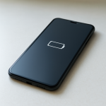 Smartphone on a tidy desk with low battery indicator