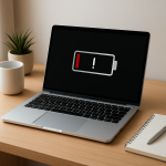 Laptop Battery Losing Capacity? Causes and What It Means Laptop on clean desk with low battery indicator, soft light