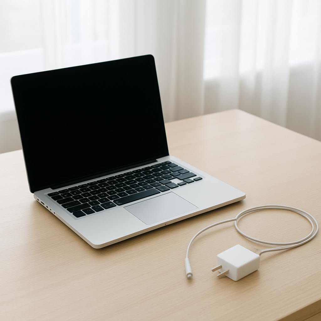 Unplugged laptop charger on clean desk beside laptop