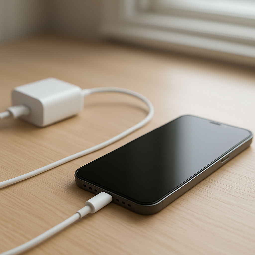 Smartphone on tidy desk with charger nearby, soft natural light