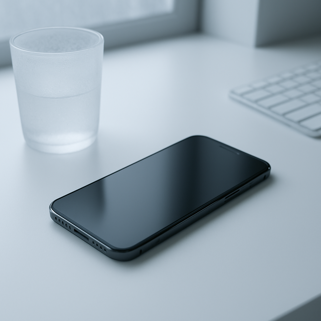 Smartphone on clean desk with frost indicating cold battery drain