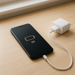 Battery Health Dropping Fast? Here’s Why It Happens Smartphone on clean desk showing low battery, charger nearby