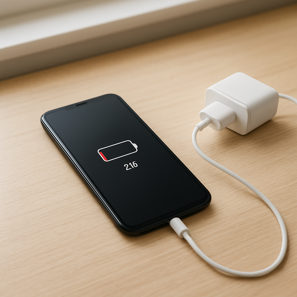 Smartphone on clean desk showing low battery, charger nearby