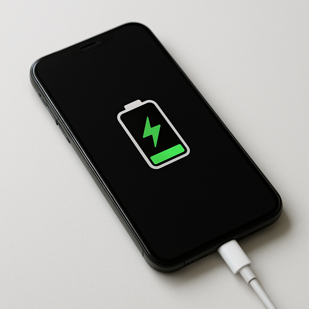 Smartphone charging on tidy desk beside charger and cable