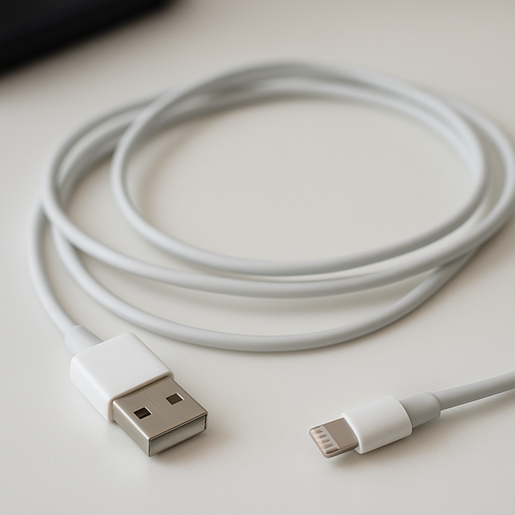 Loose charging cable plugged into phone on tidy desk