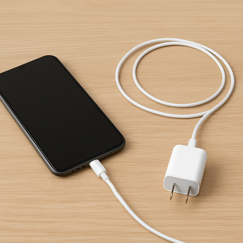 Close-up of charging cable and connector on desk