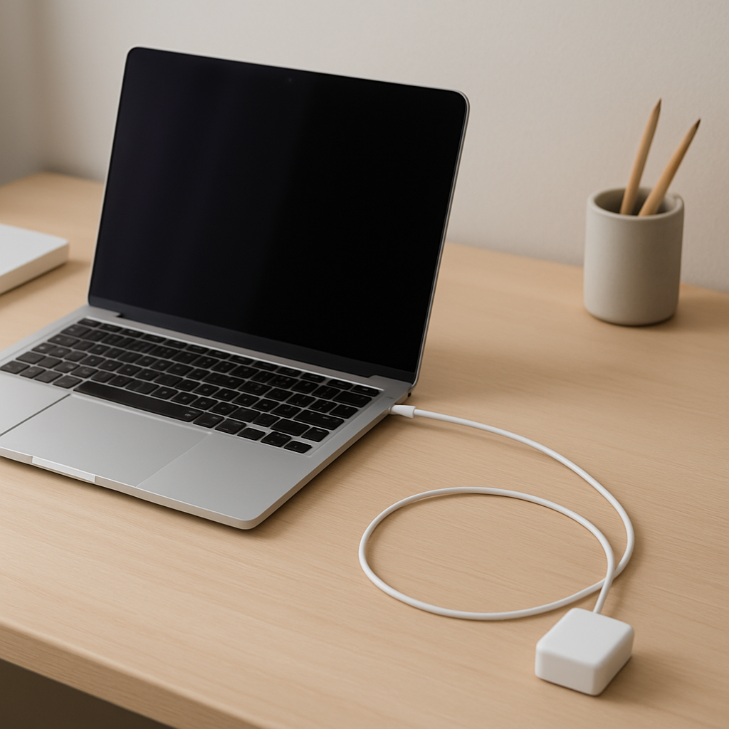 Laptop on tidy desk with charger partially disconnected