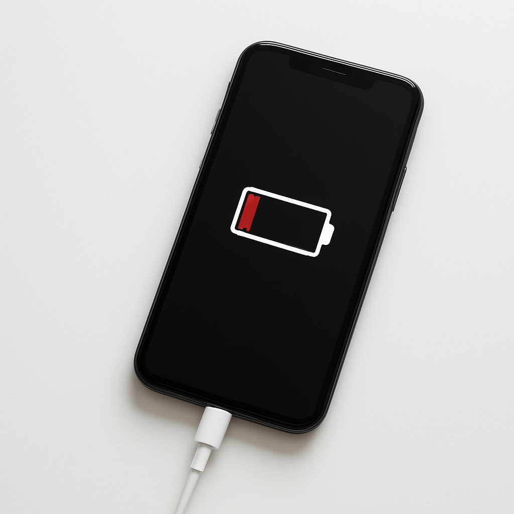 Smartphone charging on desk while battery percentage continues to drop