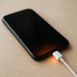 Overheating charger on clean desk with subtle heat distortion