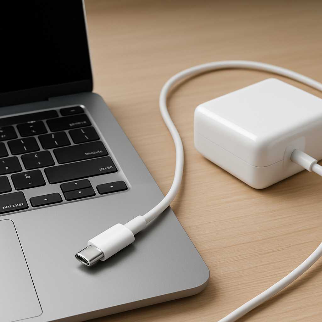 Close-up of laptop charger connector loosely plugged into laptop