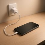 Smartphone charging on clean desk, cable connected, soft light