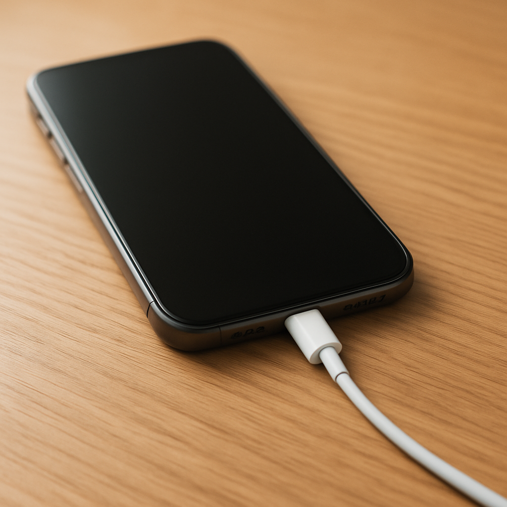 Smartphone charging slowly on a neat desk with cable
