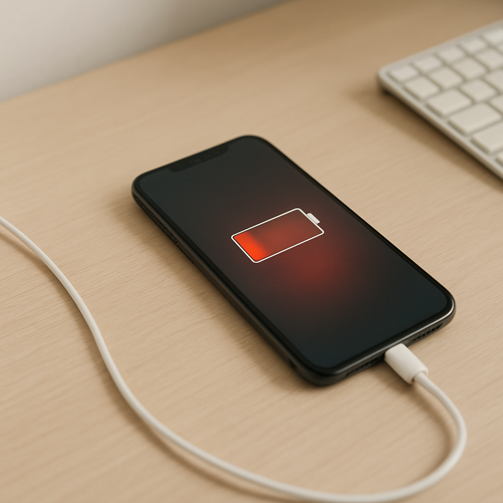 Charging cable connected to phone on clean desk, slight heat shimmer