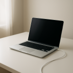 Laptop charging on tidy desk while in use, cable visible
