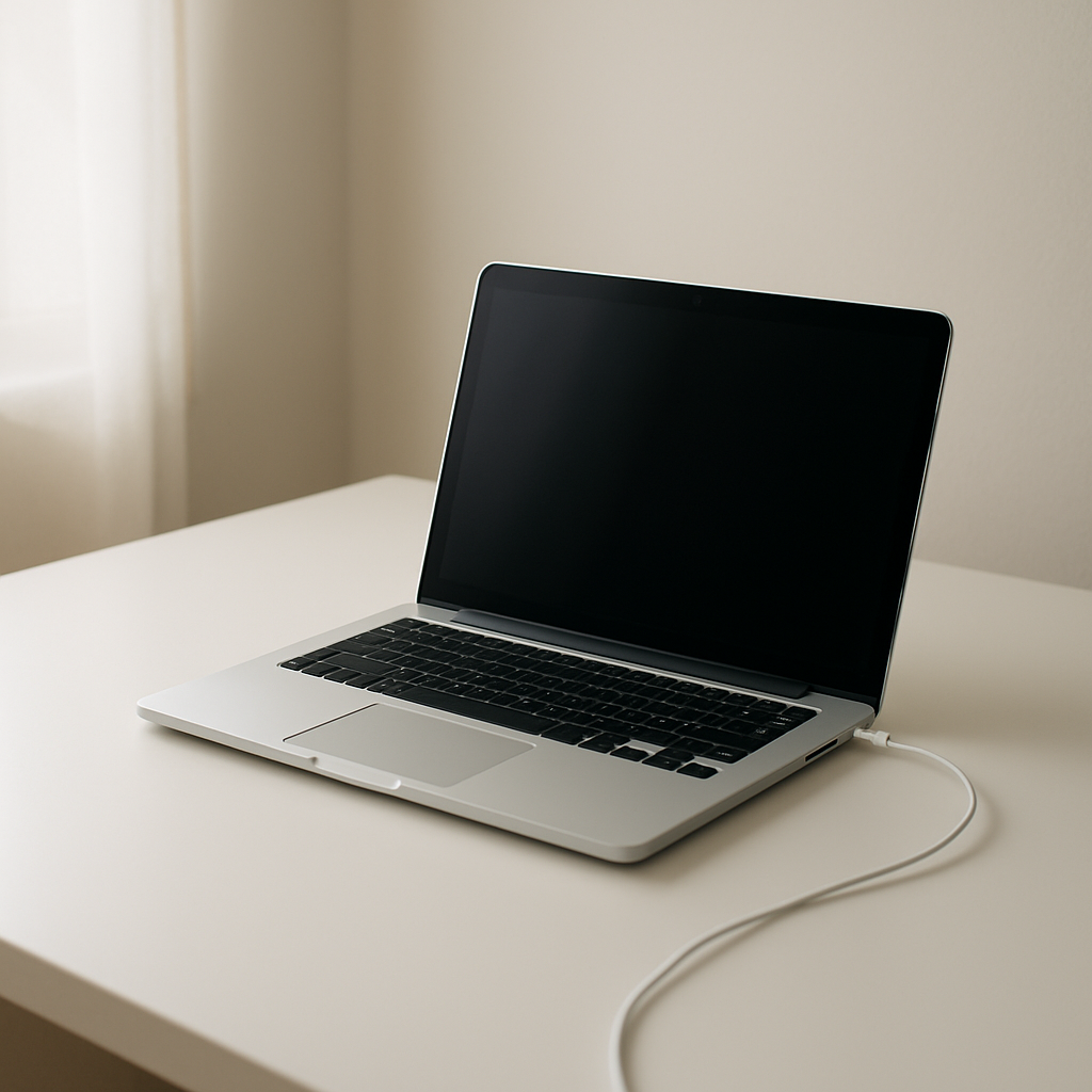 Laptop charging on tidy desk while in use, cable visible