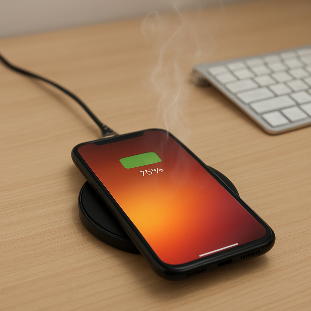 Close-up of charger overheating on a clean desk surface