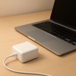 Warm laptop charger resting on a tidy wooden desk