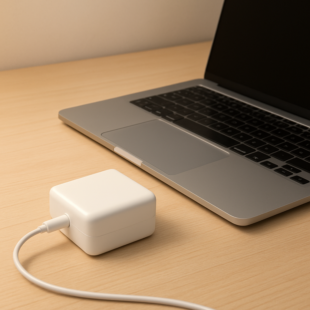 Warm laptop charger resting on a tidy wooden desk