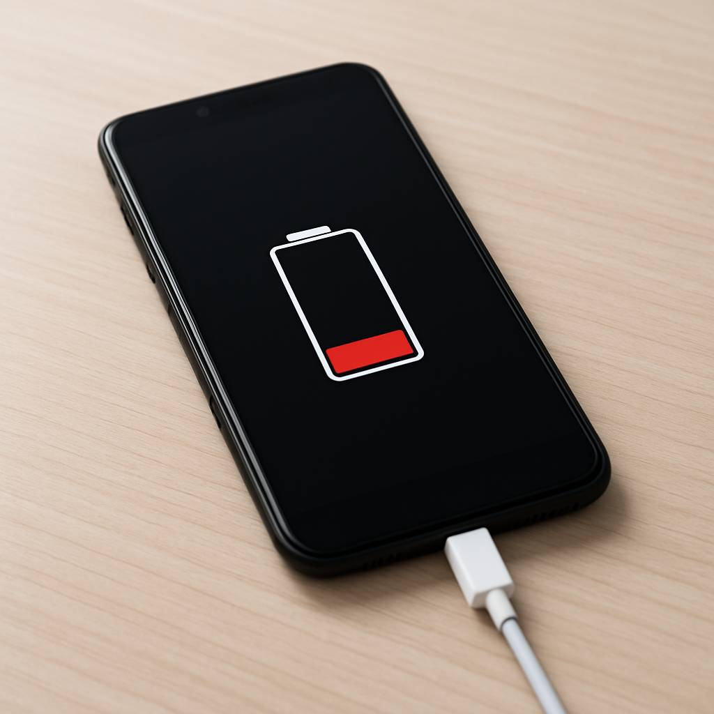 Smartphone connected to charger on clean desk, battery static