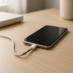 Damaged charging cable on desk near a slow-charging phone