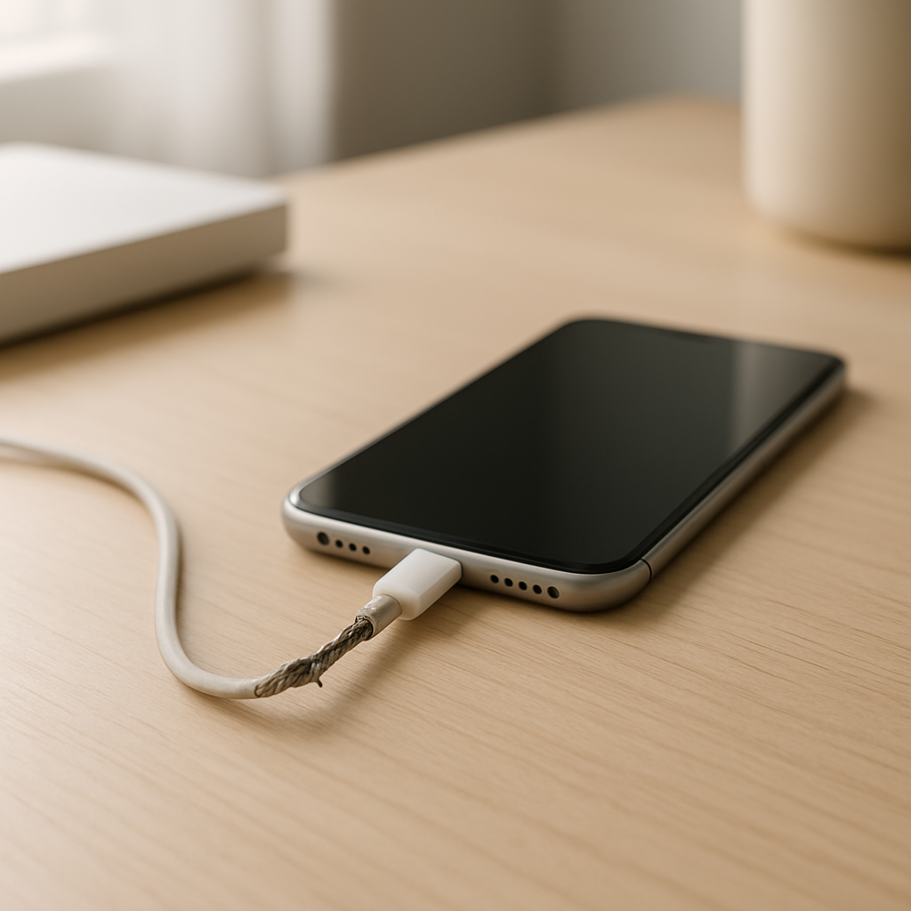 Damaged charging cable on desk near a slow-charging phone