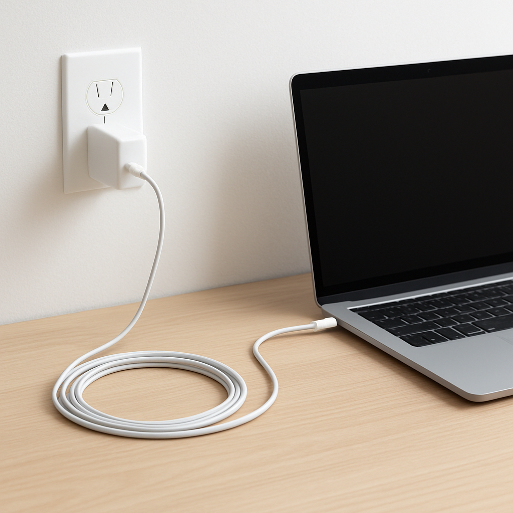 Overheating laptop charger on clean desk with coiled cable