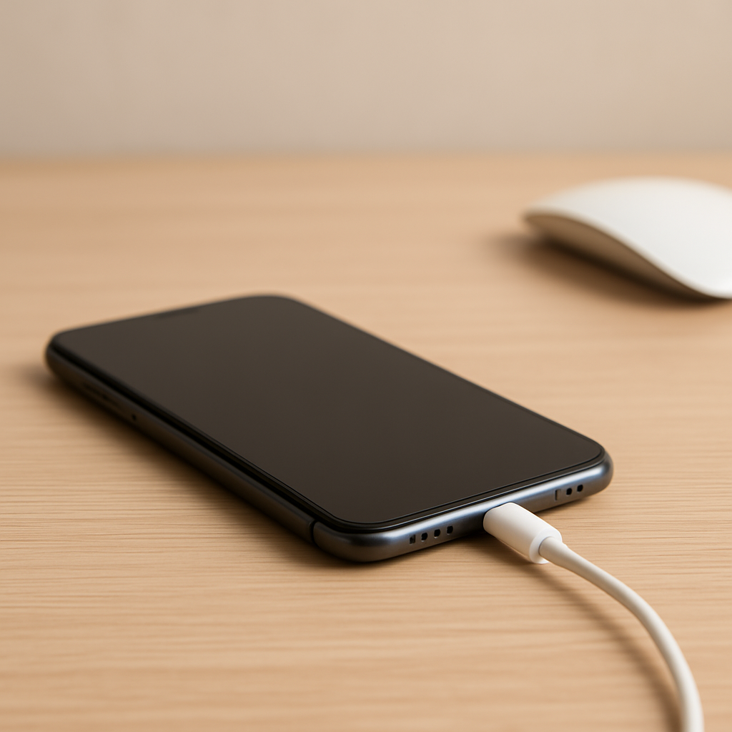 Smartphone on charging cable on clean desk, warm lighting