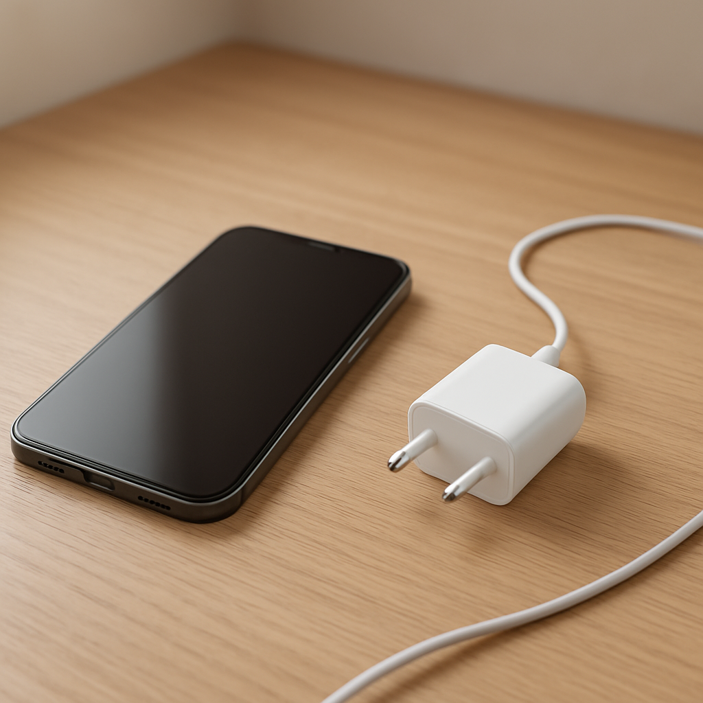 Charger plugged into wall adapter beside smartphone on tidy desk
