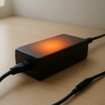 Laptop charger plugged in on tidy desk with heat glow