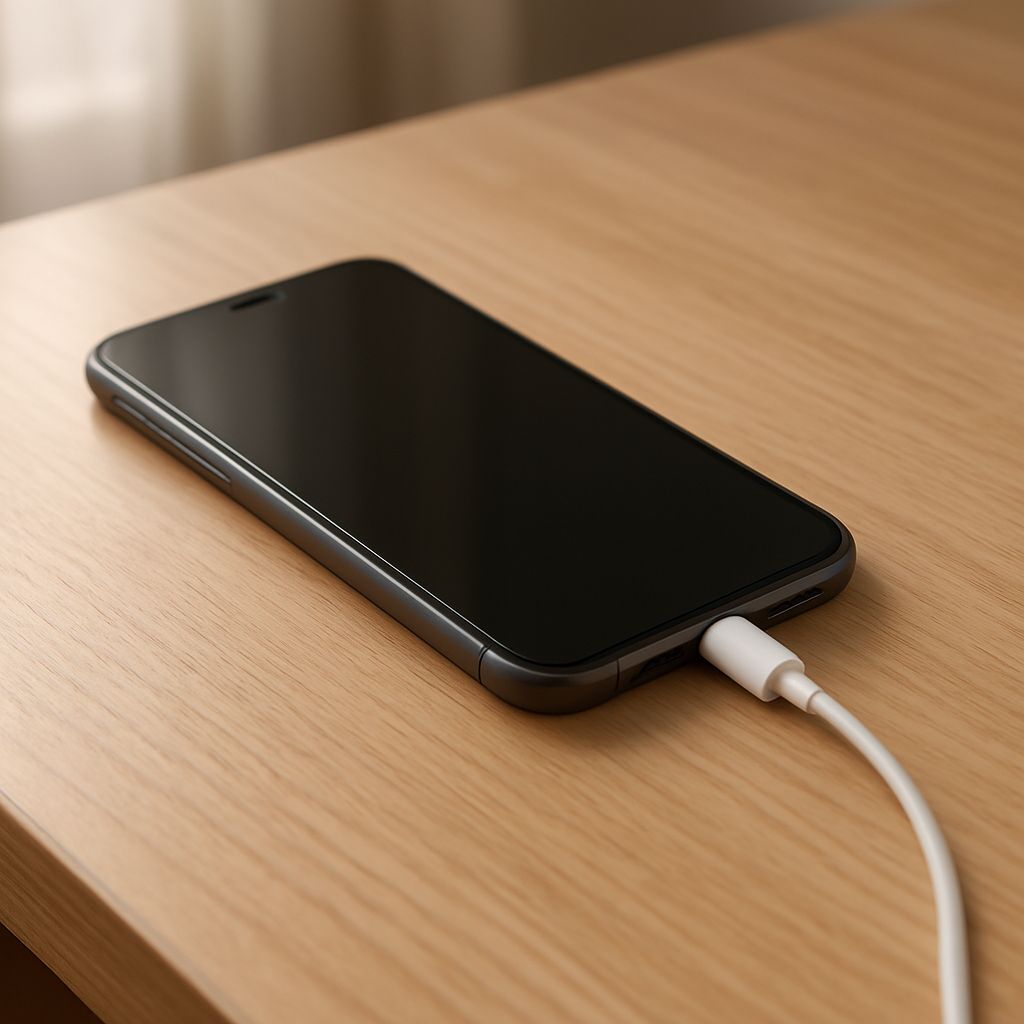 Smartphone connected to cable on clean desk, not charging