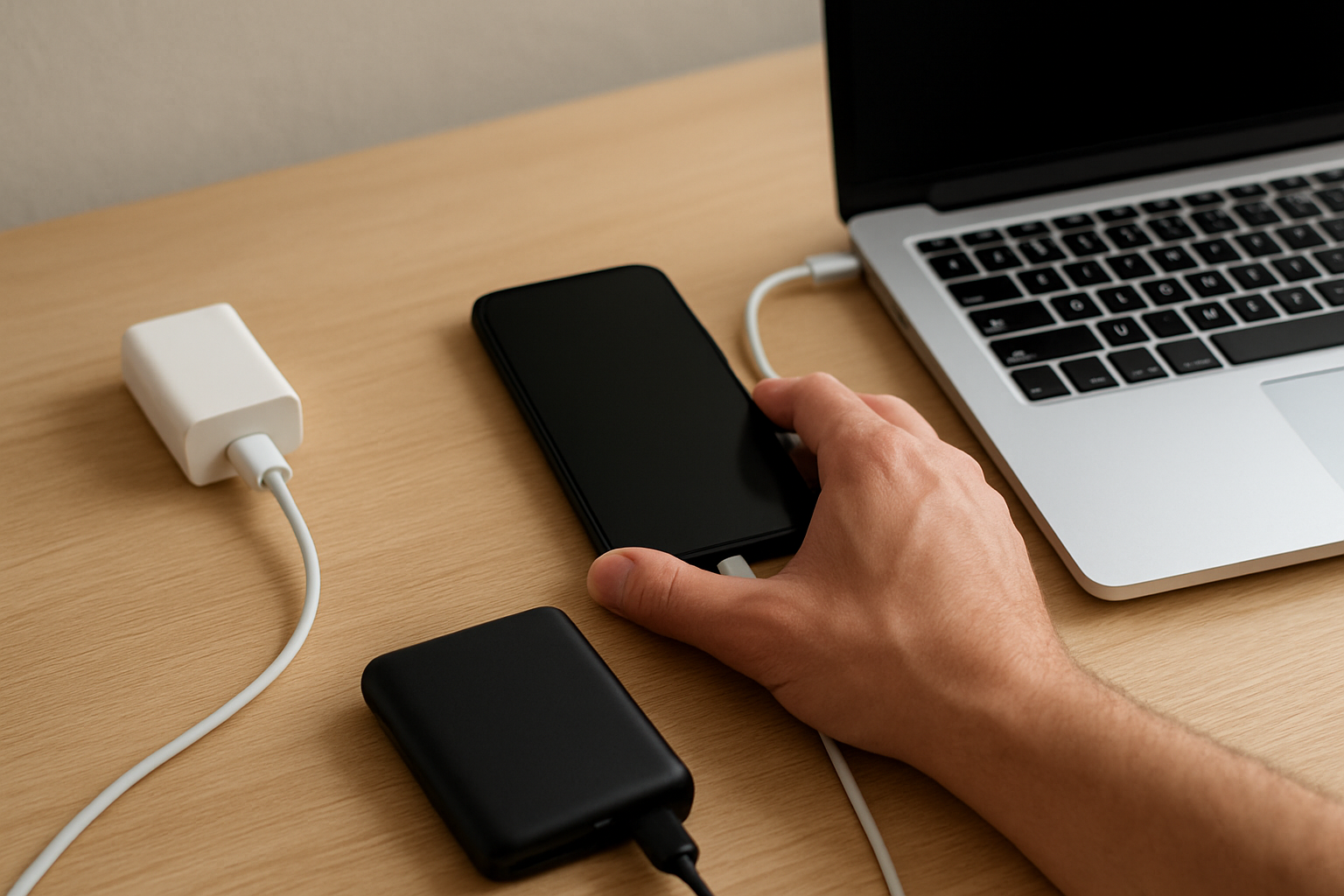 Battery drain troubleshooting setup with phone laptop charger and power accessories