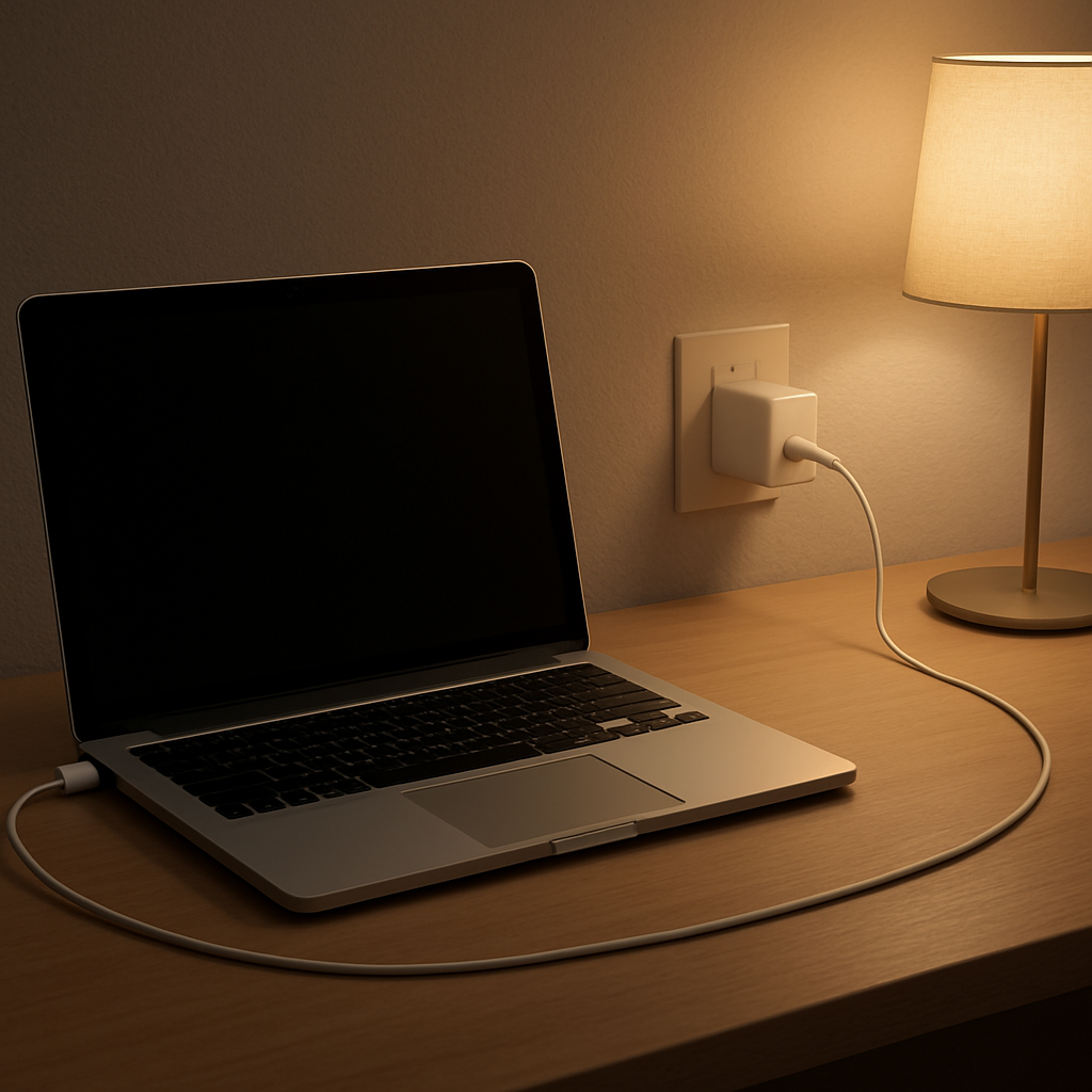 Overnight laptop charger on desk with warm glowing light