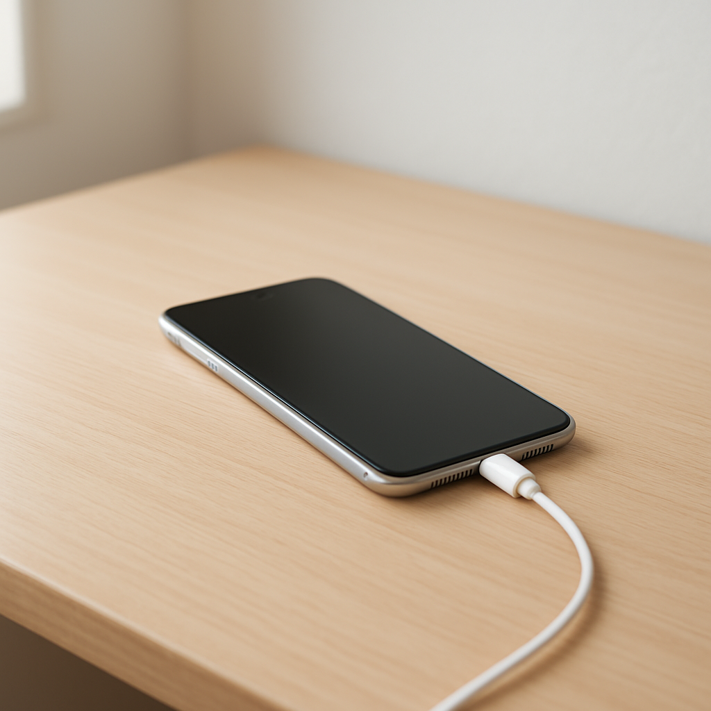 Smartphone charging slowly on clean desk with cable