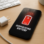 Overheating smartphone battery on clean desk with visible heat haze