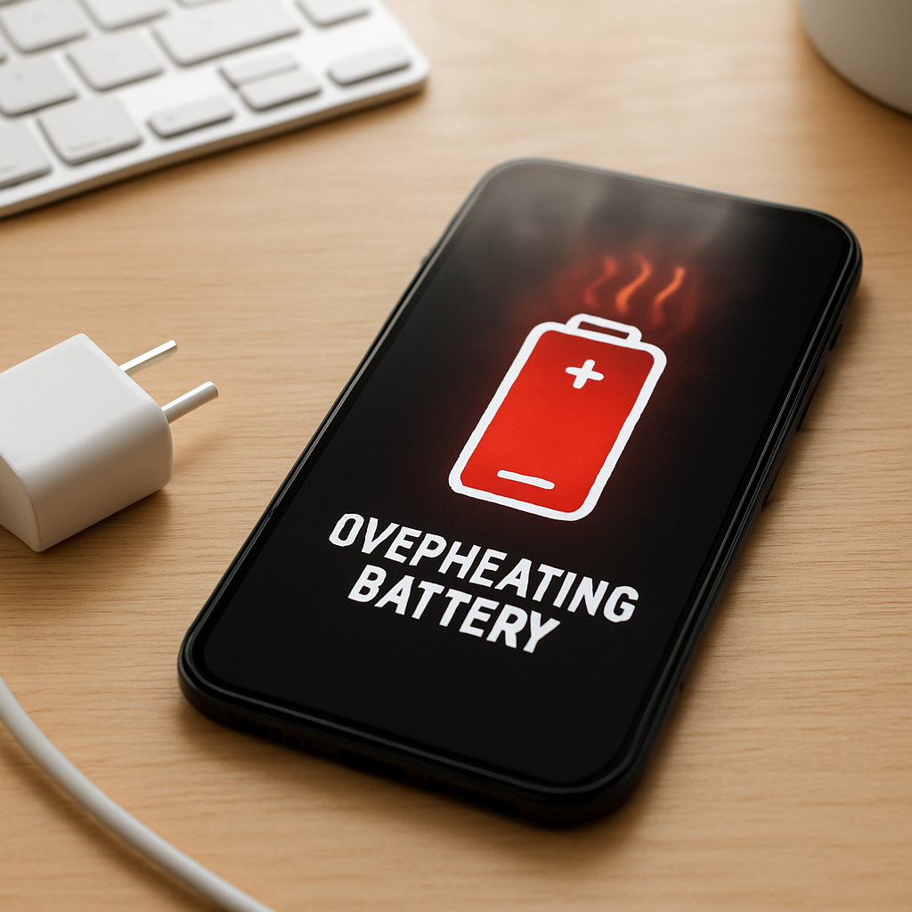 Overheating smartphone battery on clean desk with visible heat haze