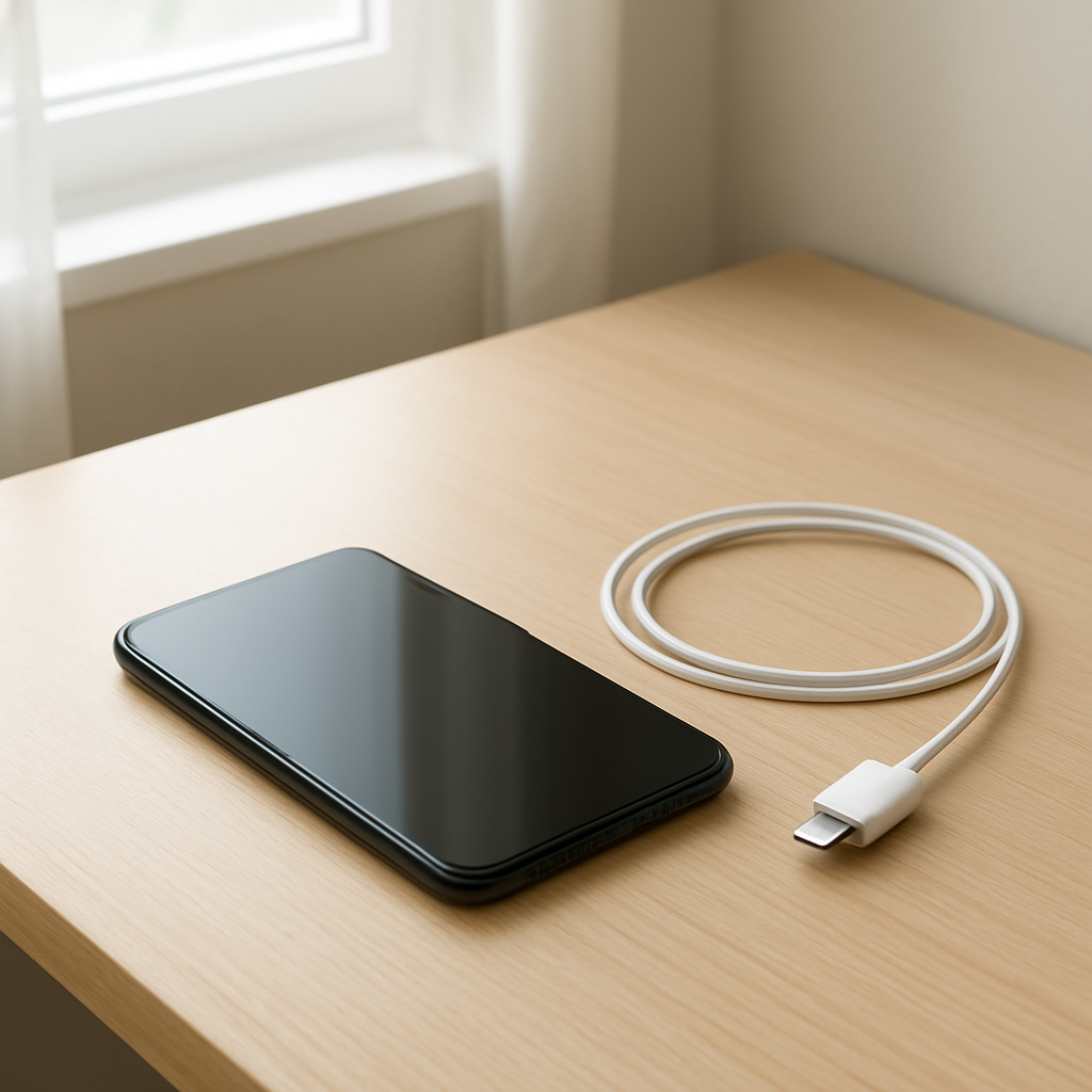 Smartphone on clean desk with charger, battery draining indication