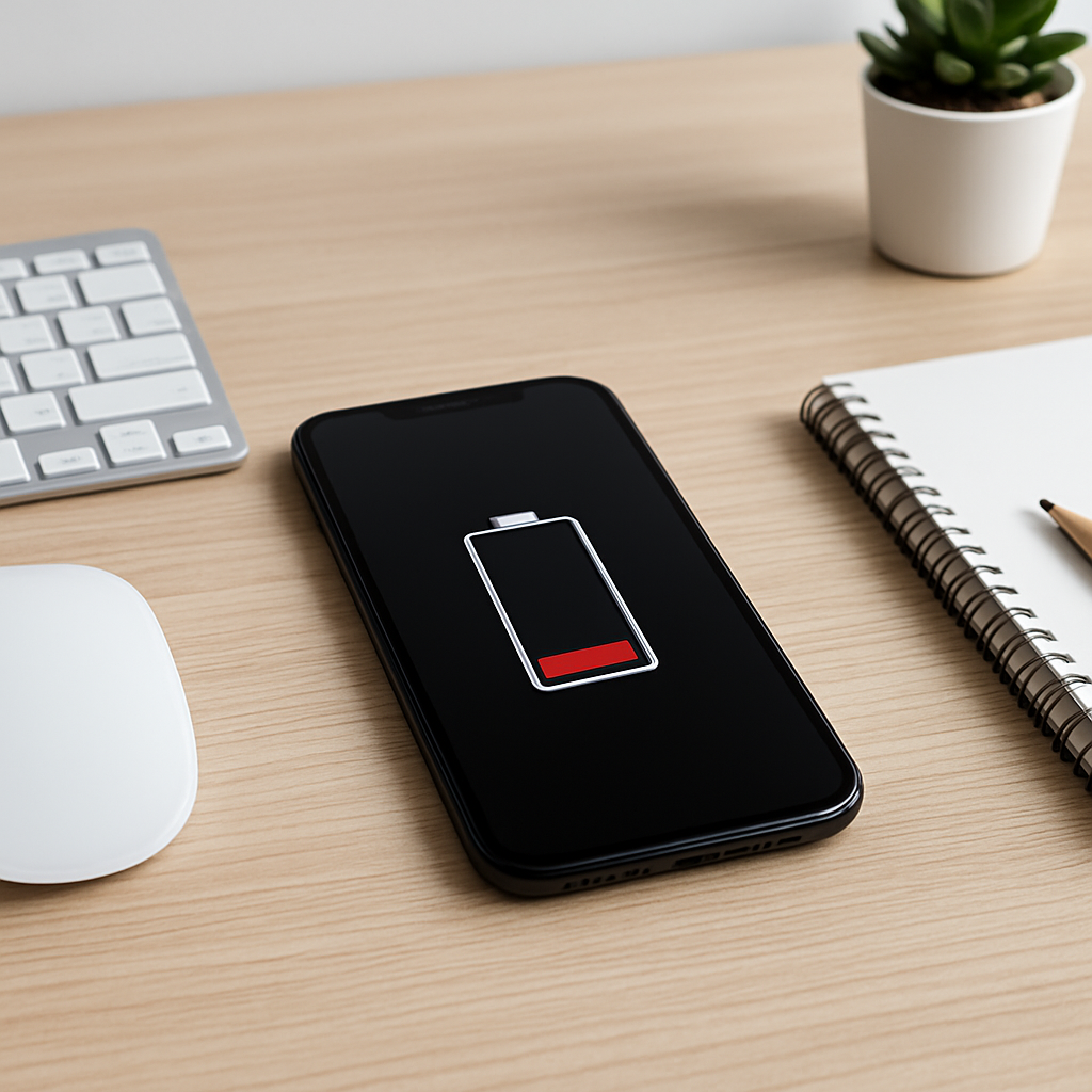Smartphone on tidy desk showing low battery status beside charger cable