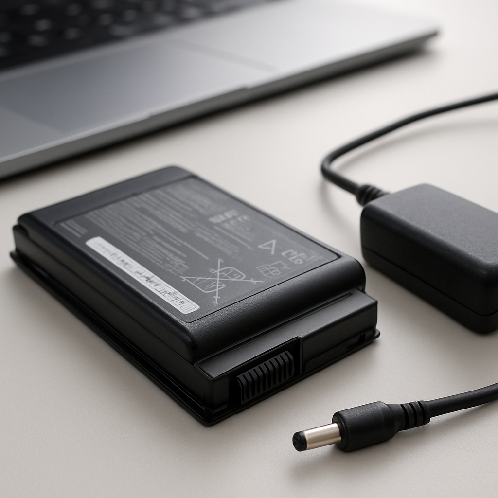 Close-up of laptop and charger on tidy desk showing battery issue