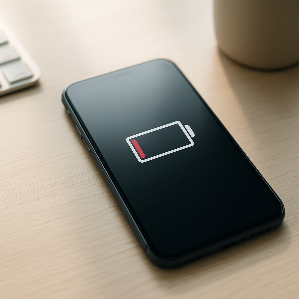 Smartphone on clean desk displaying low battery icon, morning light