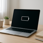 Laptop Battery Draining Immediately After Boot — Startup Power Surge Causes Clean desk with laptop showing low battery icon, soft light